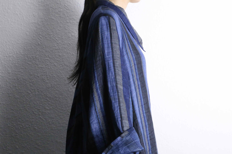 blue stripe linen long shirt jacket