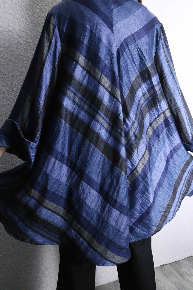 blue stripe linen long shirt jacket