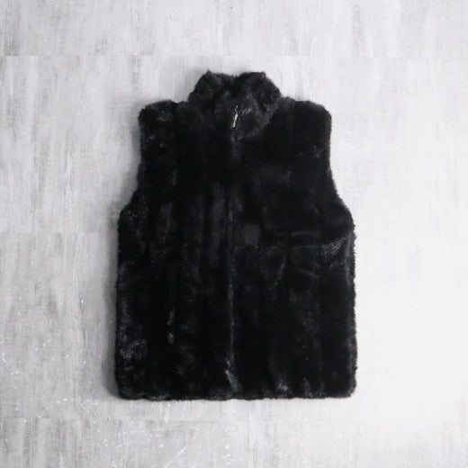 black glossy faux fur stand collar vest