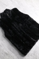 black glossy faux fur stand collar vest