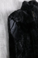 black glossy faux fur stand collar vest
