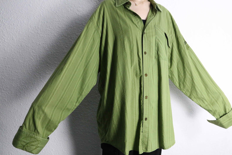 "GIRBAUD" lime green woven stripe pattern cotton shirt