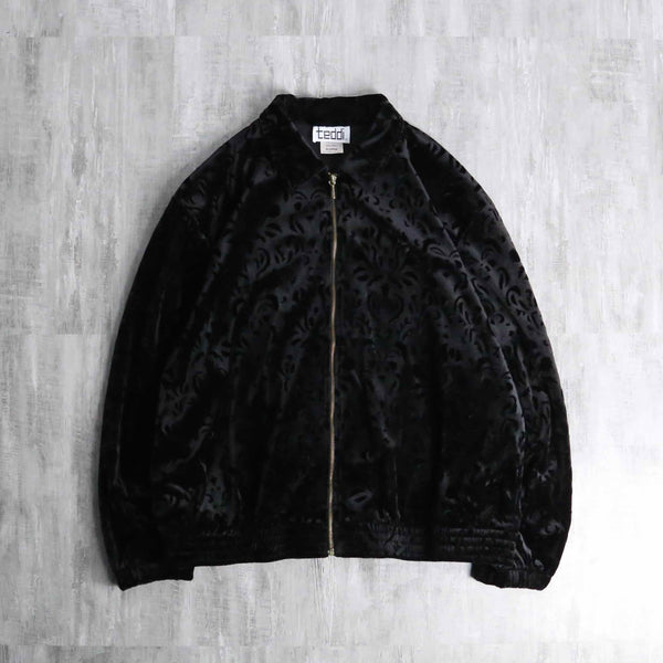 botanical design black velour zip up jacket