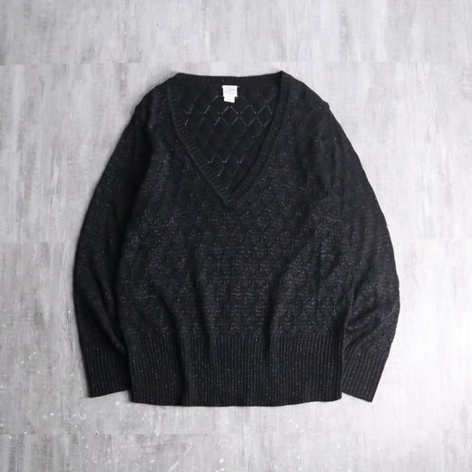 black glitter diamond open-knit v-neck sweater