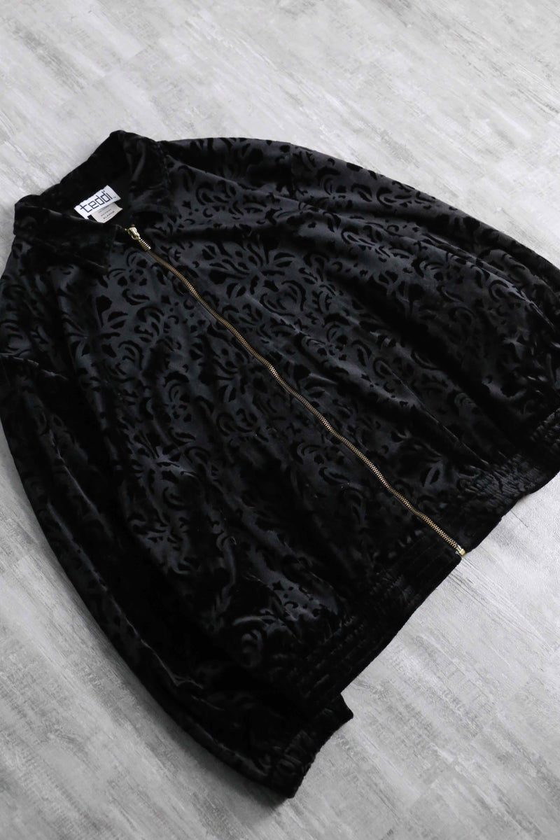 botanical design black velour zip up jacket