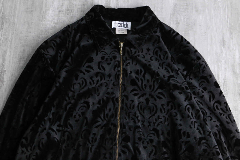 botanical design black velour zip up jacket
