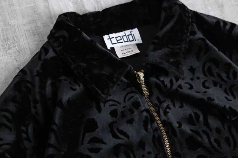 botanical design black velour zip up jacket
