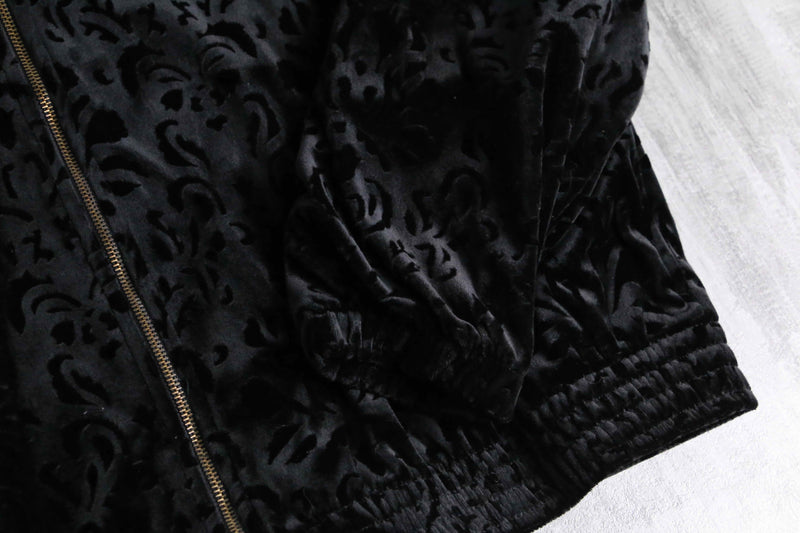 botanical design black velour zip up jacket