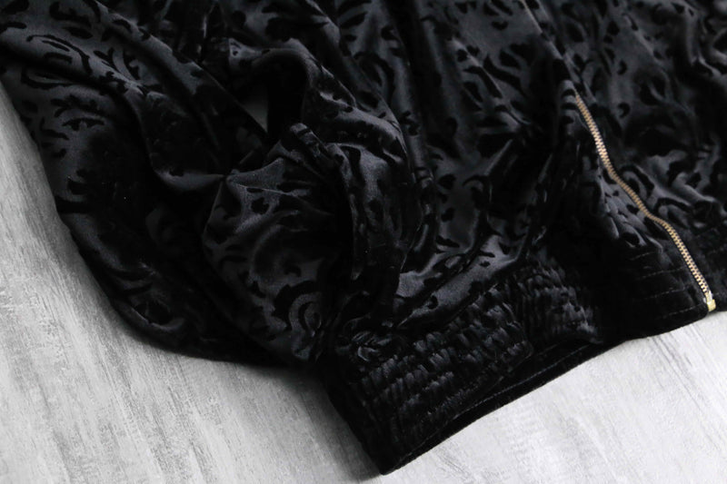 botanical design black velour zip up jacket