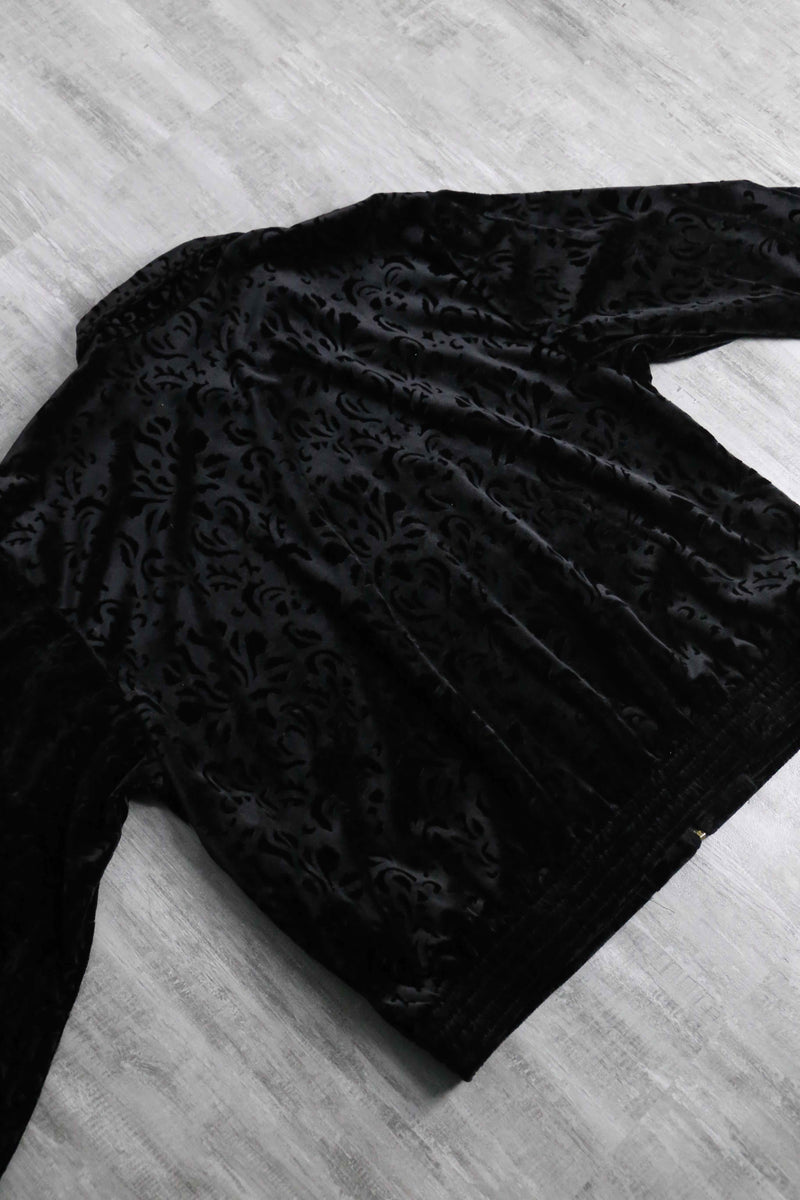 botanical design black velour zip up jacket