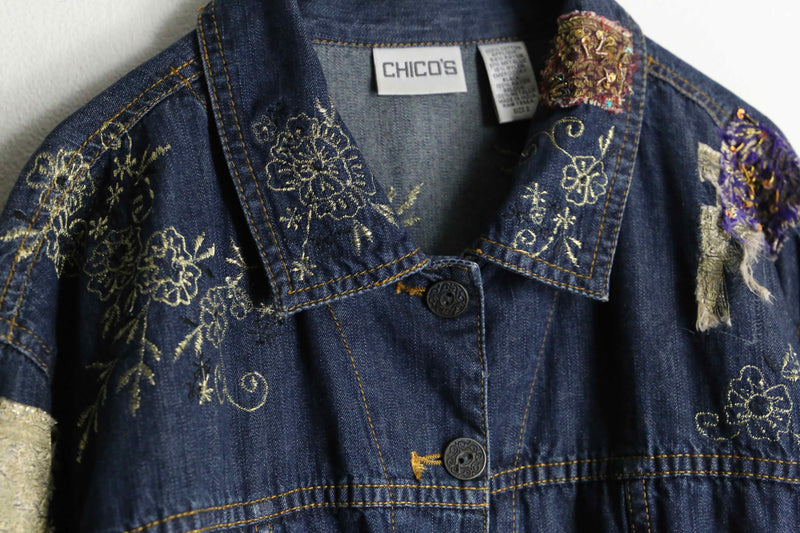 "CHICOS" flower embroidery pattern denim jacket