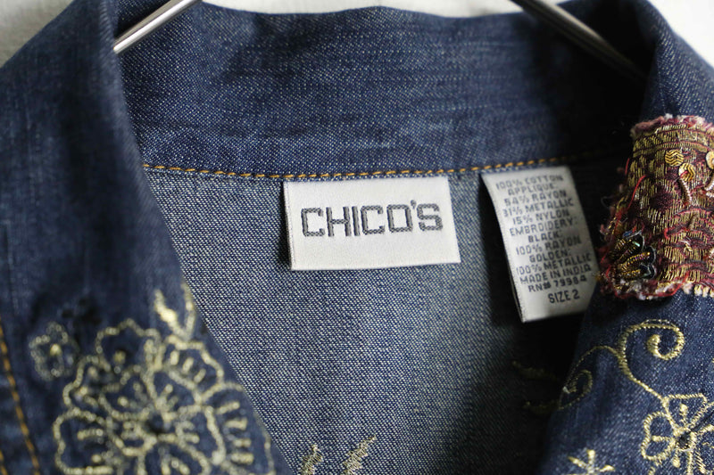 "CHICOS" flower embroidery pattern denim jacket
