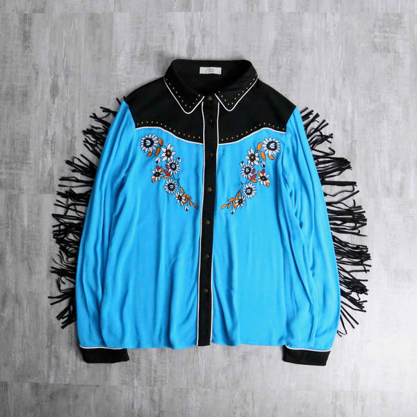 light blue fringe design rayon western shirt