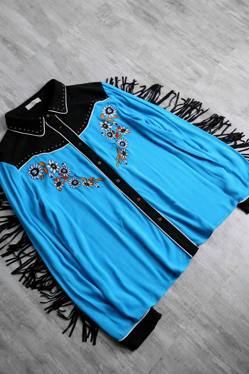 light blue fringe design rayon western shirt