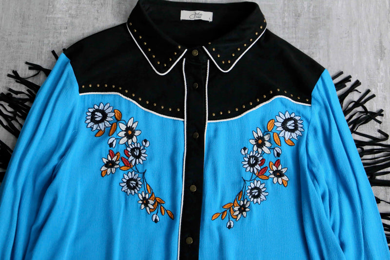 light blue fringe design rayon western shirt