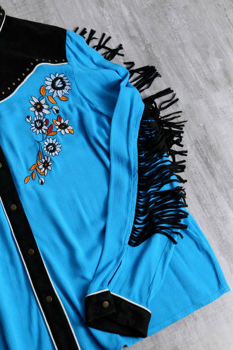 light blue fringe design rayon western shirt