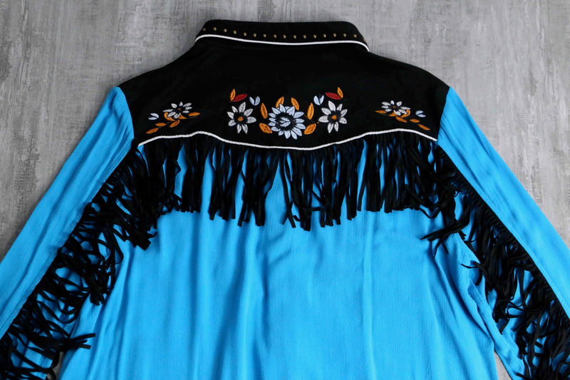 light blue fringe design rayon western shirt