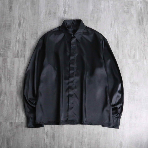 shiny black front fly poly shirt