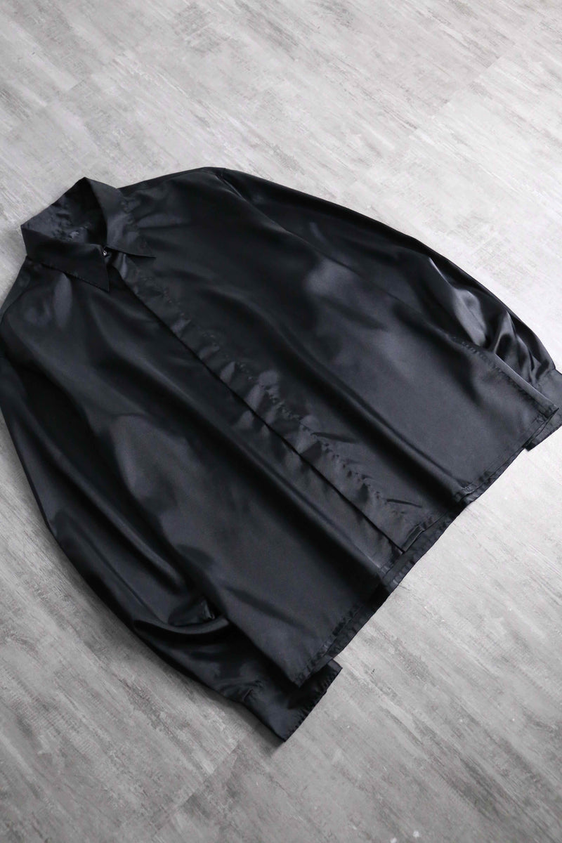 shiny black front fly poly shirt
