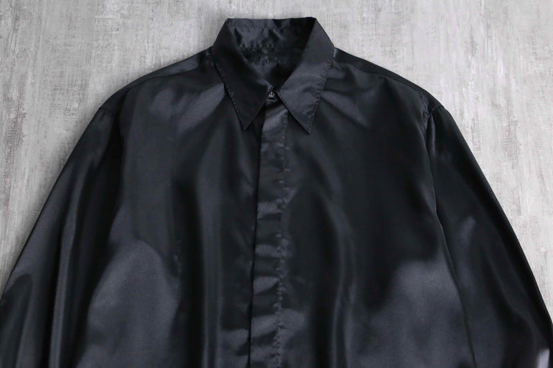 shiny black front fly poly shirt