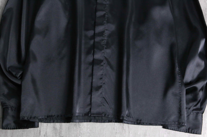 shiny black front fly poly shirt