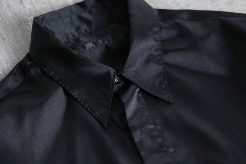 shiny black front fly poly shirt