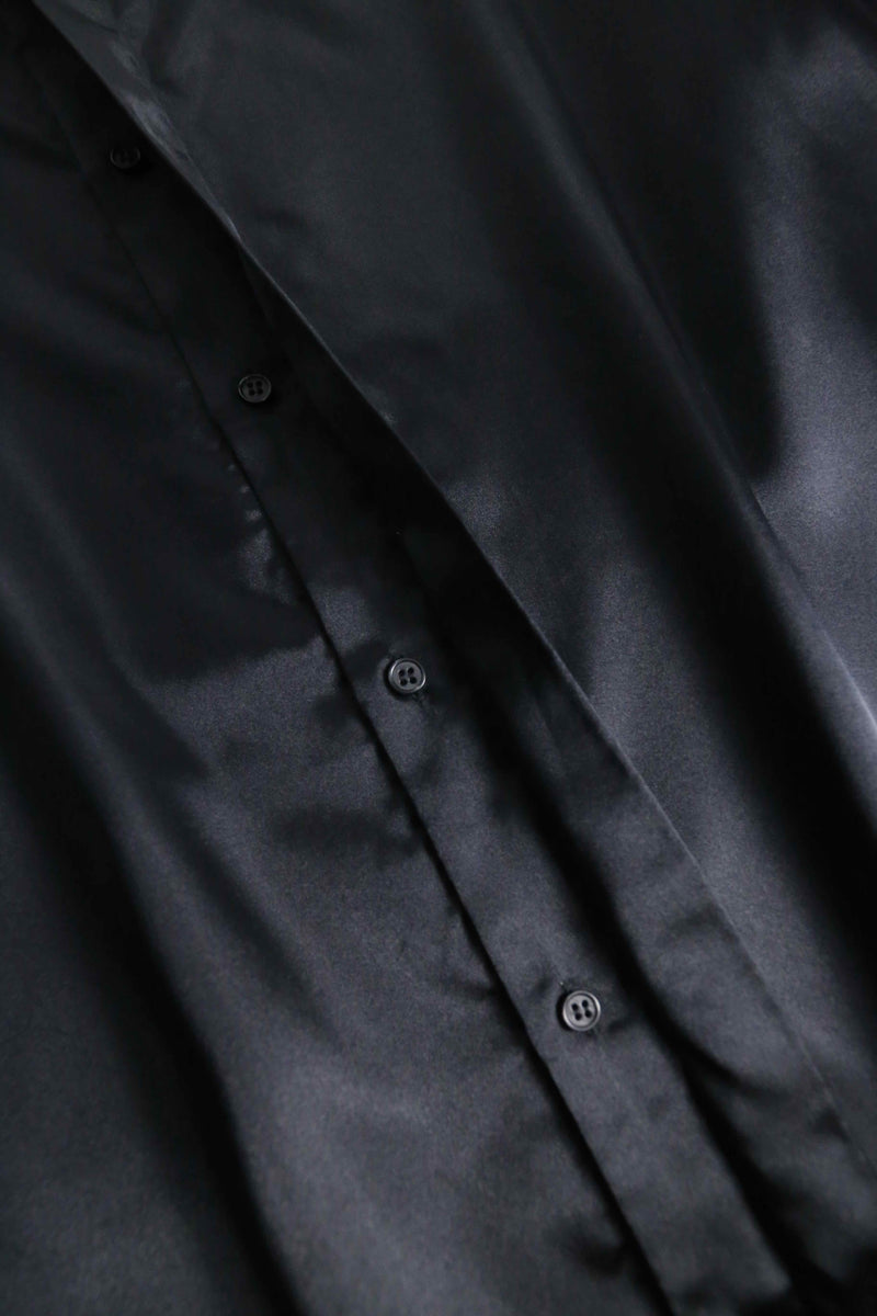 shiny black front fly poly shirt