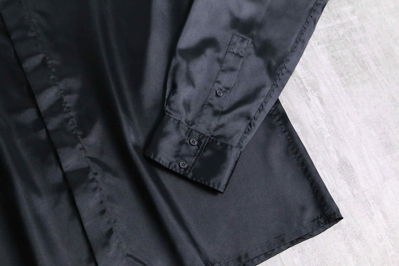 shiny black front fly poly shirt