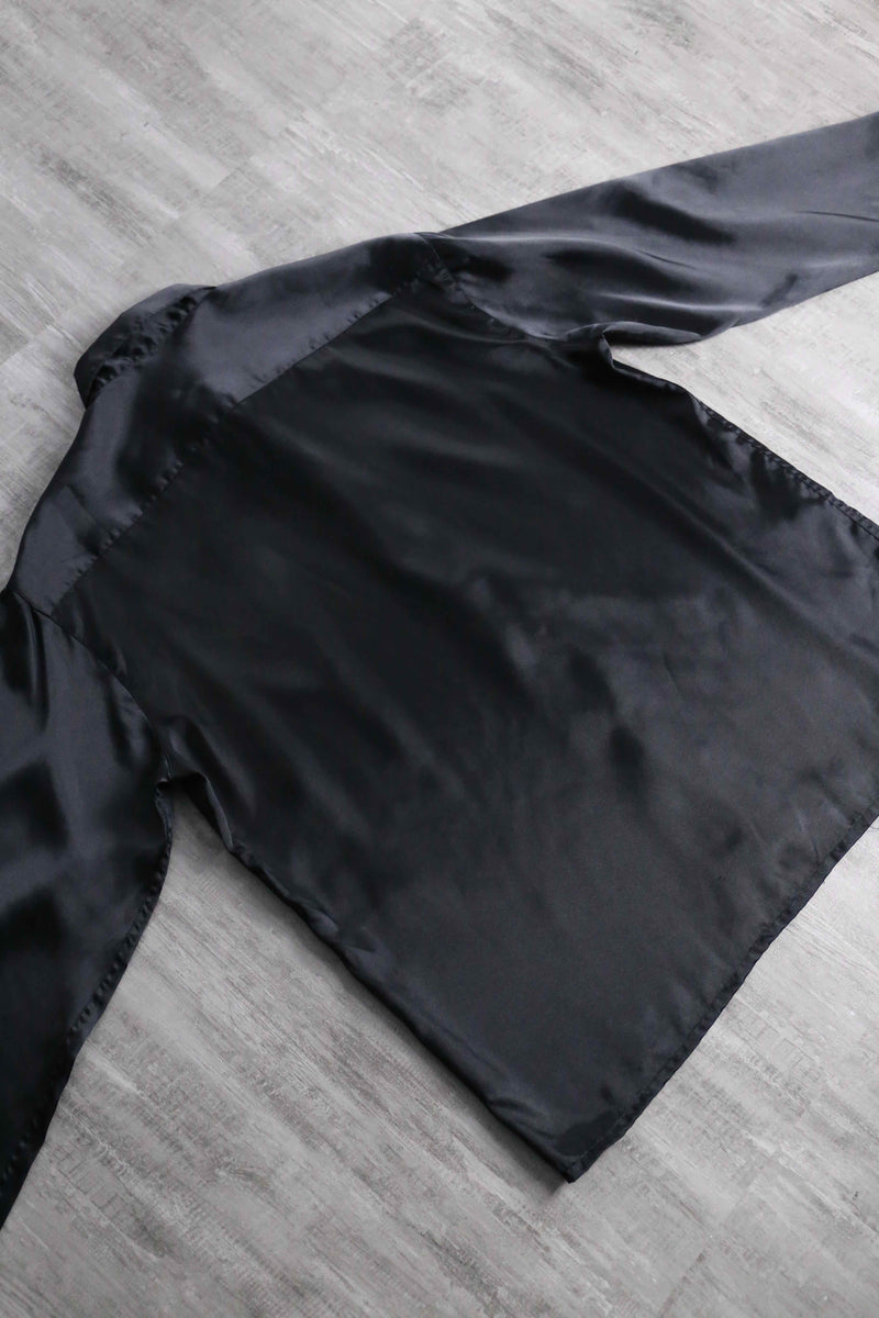shiny black front fly poly shirt