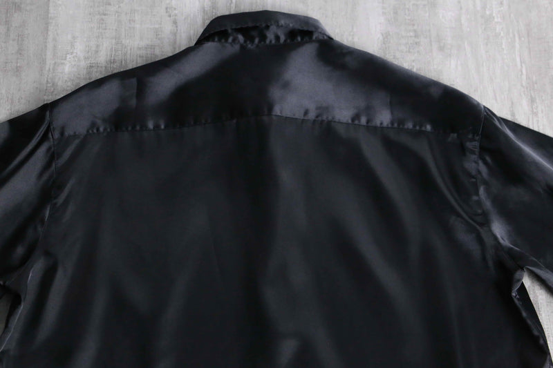 shiny black front fly poly shirt