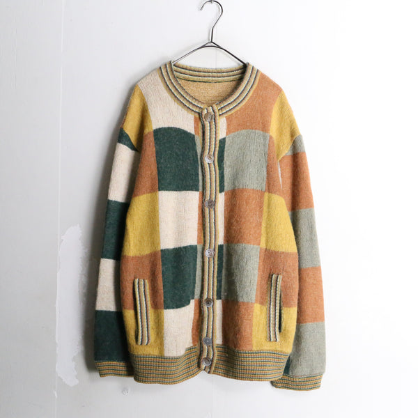 warm color square design knit cardigan