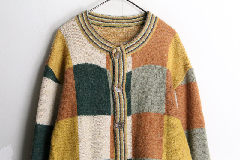 warm color square design knit cardigan