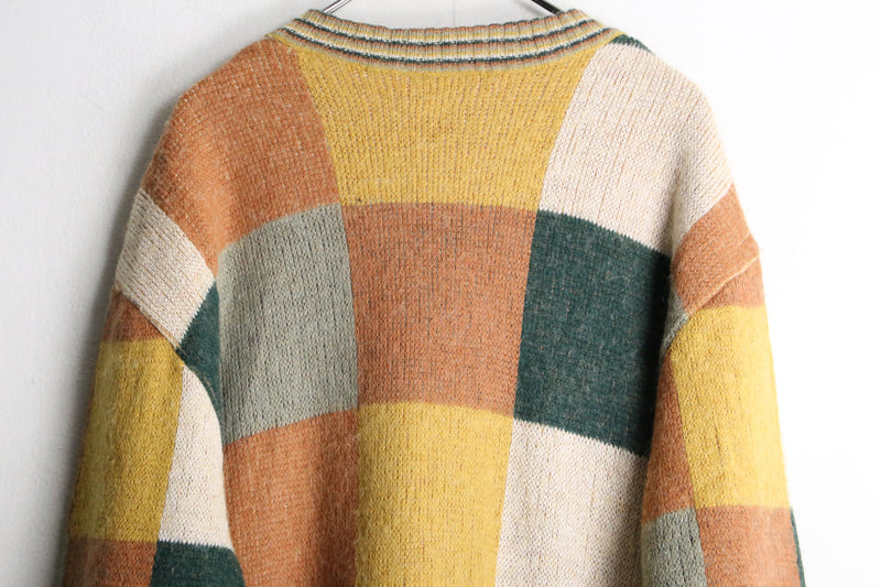 warm color square design knit cardigan