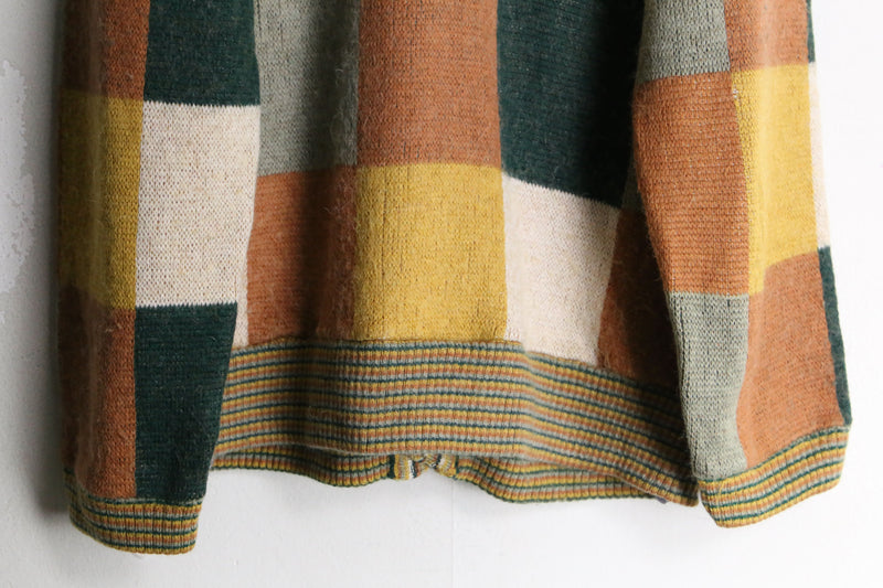 warm color square design knit cardigan