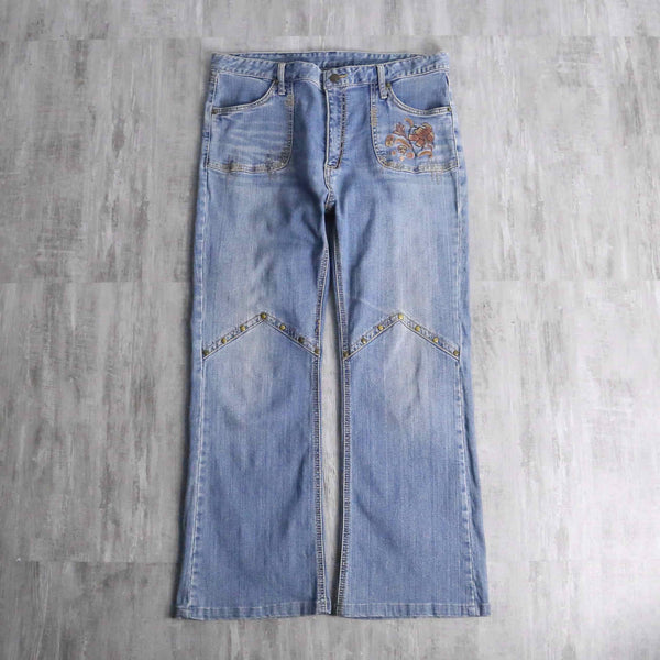 flower patchwork design flare denim