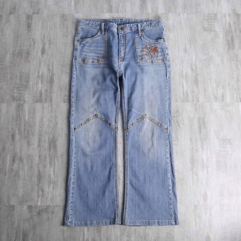 flower patchwork design flare denim