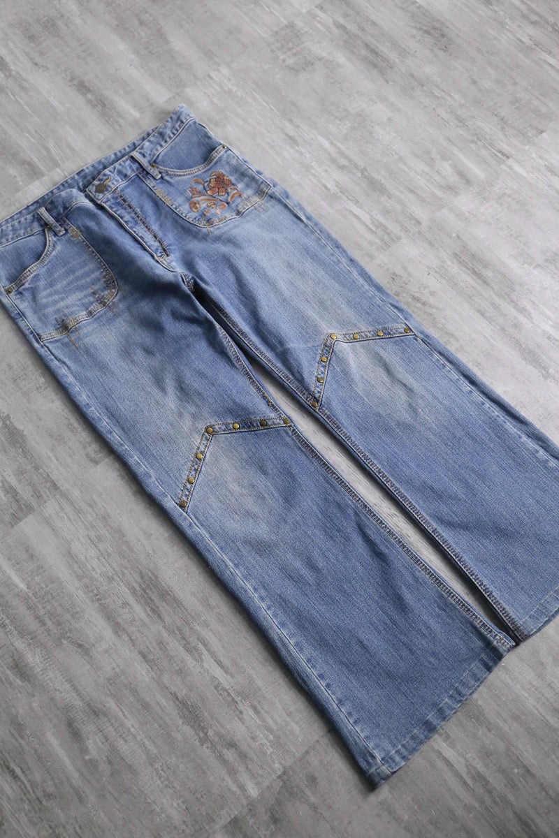 flower patchwork design flare denim