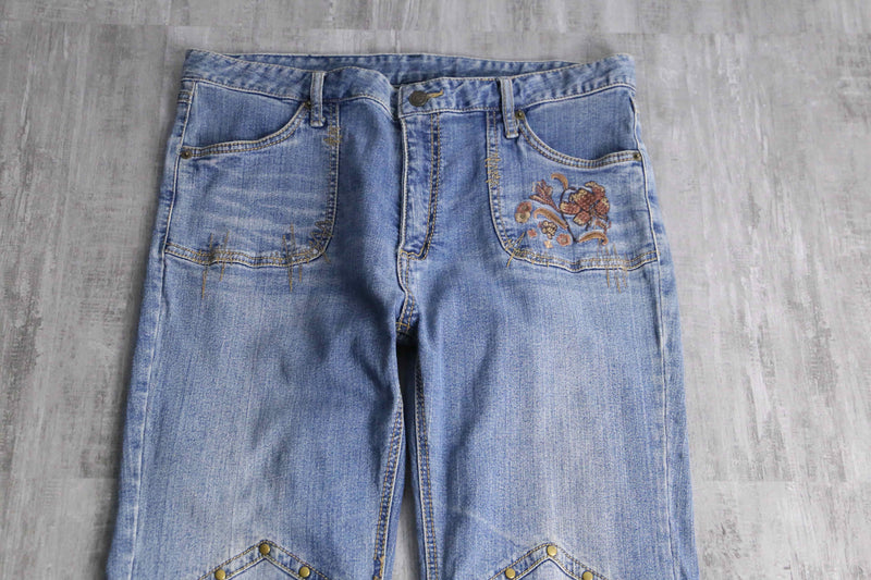 flower patchwork design flare denim