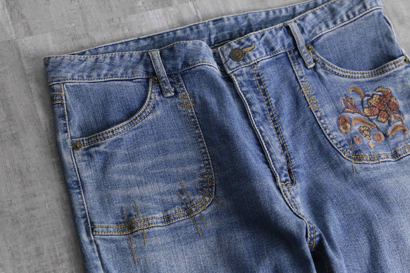 flower patchwork design flare denim