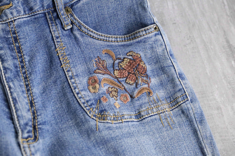 flower patchwork design flare denim