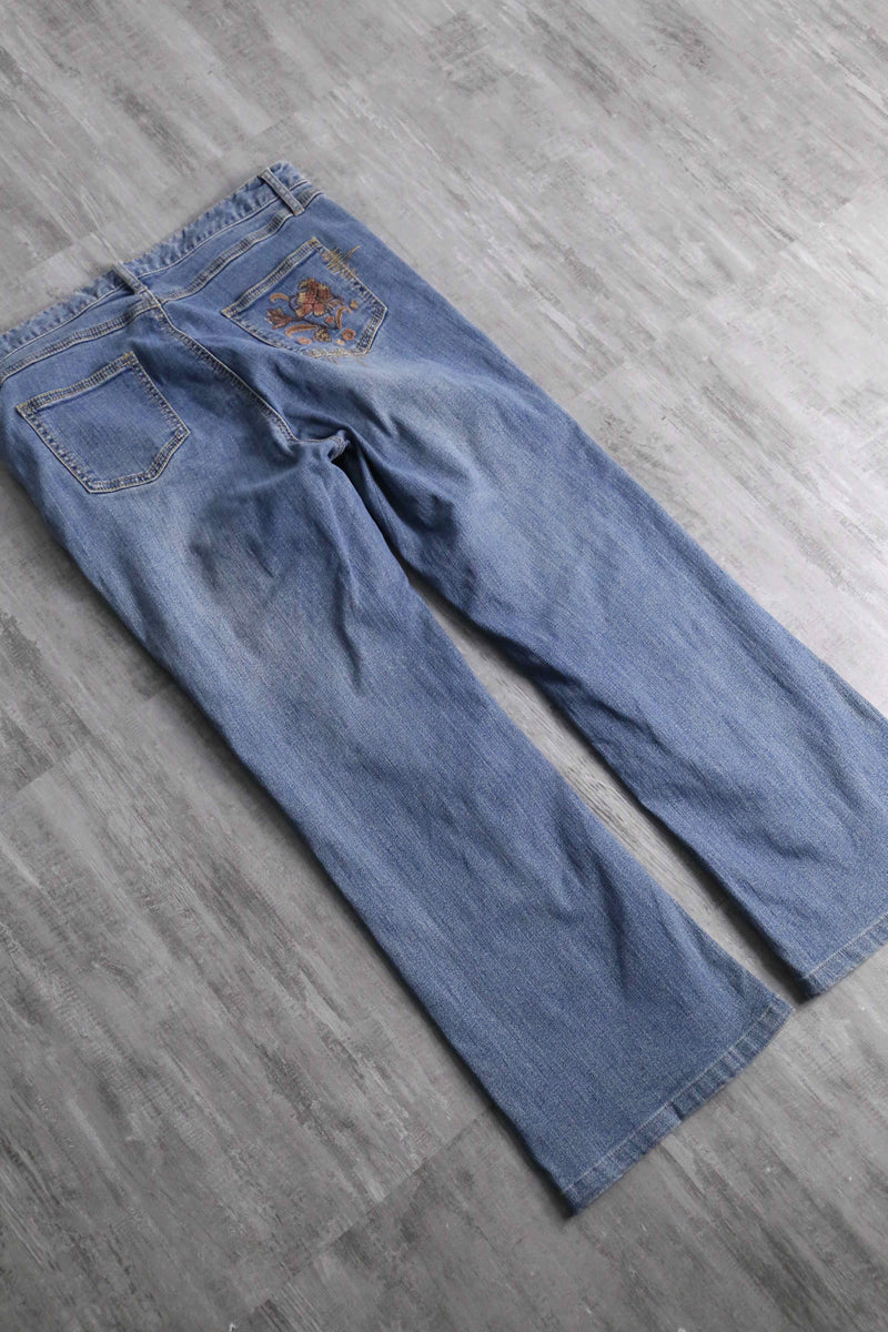 flower patchwork design flare denim