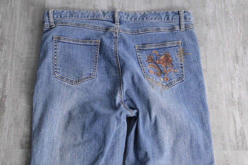 flower patchwork design flare denim