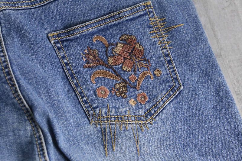 flower patchwork design flare denim