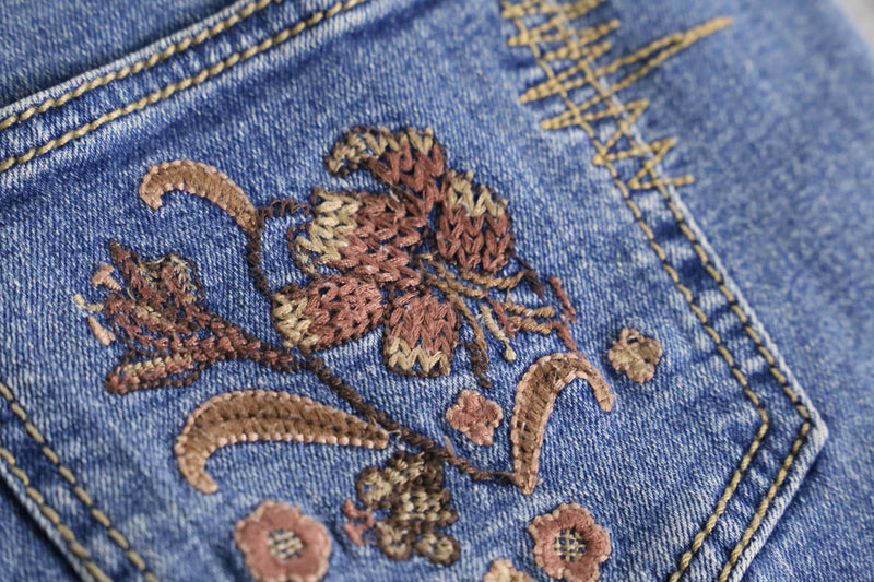 flower patchwork design flare denim