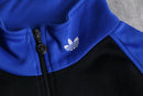 90s "adidas" blue × black geometric panel three stripe track jacket