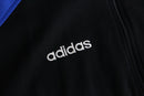 90s "adidas" blue × black geometric panel three stripe track jacket