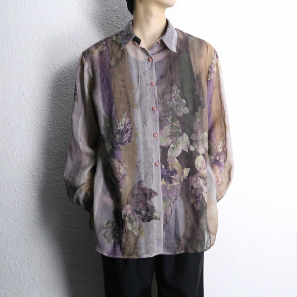 purple botanical pattern sheer shirt