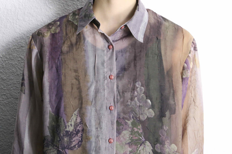 purple botanical pattern sheer shirt