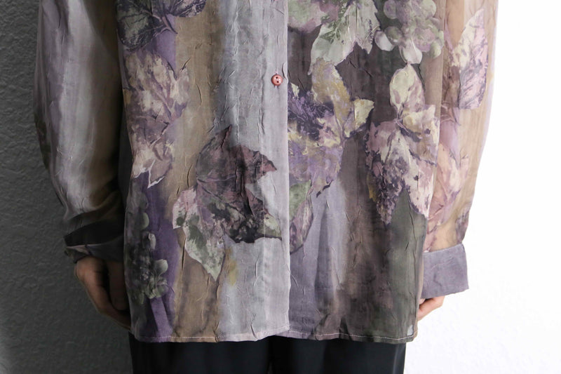 purple botanical pattern sheer shirt