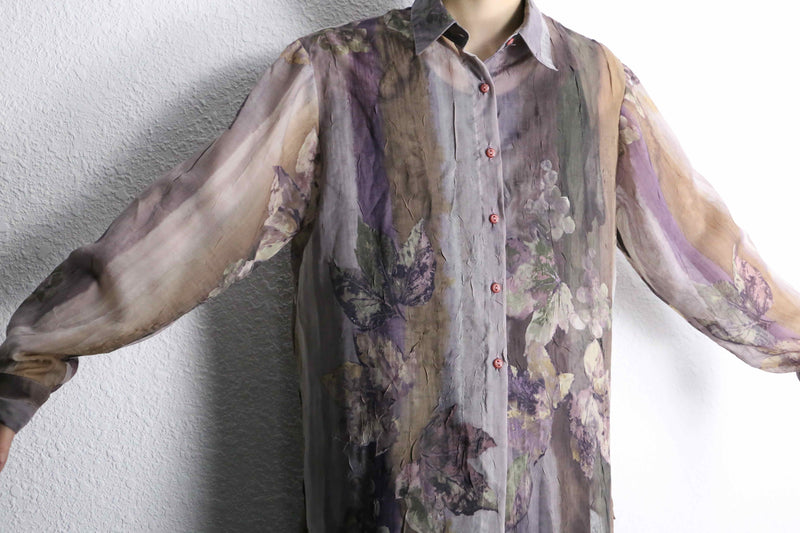 purple botanical pattern sheer shirt